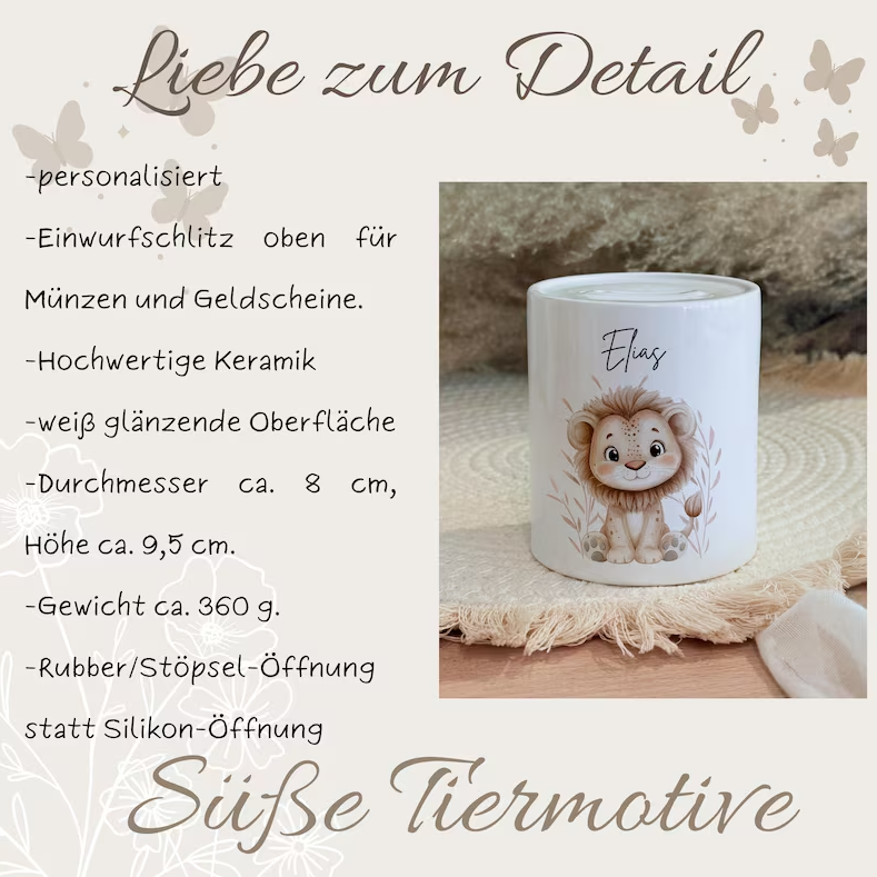 Personalisierte Spardose Kind 001 Geschenk Geburt Taufe Geburtstag Safaritiere Waldtiere Geldgeschenk Baby Kinder Keramik Sparbüchse