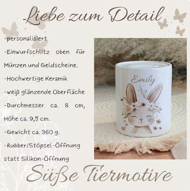 Personalisierte Spardose Kind 003 Geschenk Geburt Taufe Geburtstag Waldtiere Geldgeschenk Baby Kinder Keramik Sparbüchse
