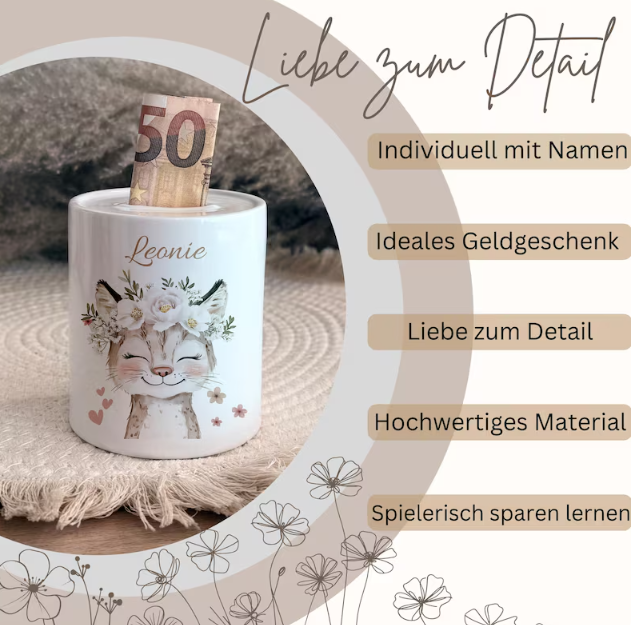 Personalisierte Spardose Kind 003 Geschenk Geburt Taufe Geburtstag Waldtiere Geldgeschenk Baby Kinder Keramik Sparbüchse