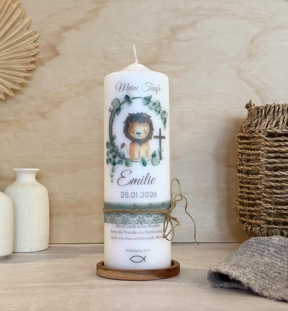 Taufkerze  Löwe  Eukalyptus Floral Für  Jungen und Mädchen