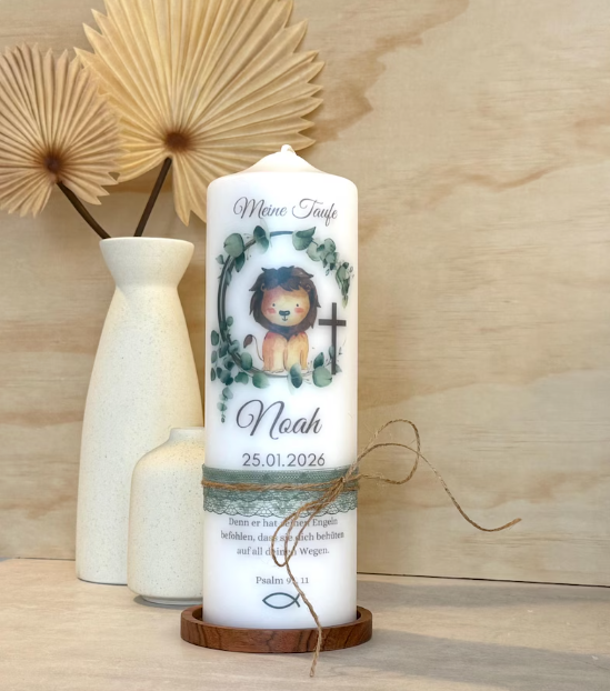 Taufkerze  Löwe  Eukalyptus Floral Für  Jungen und Mädchen