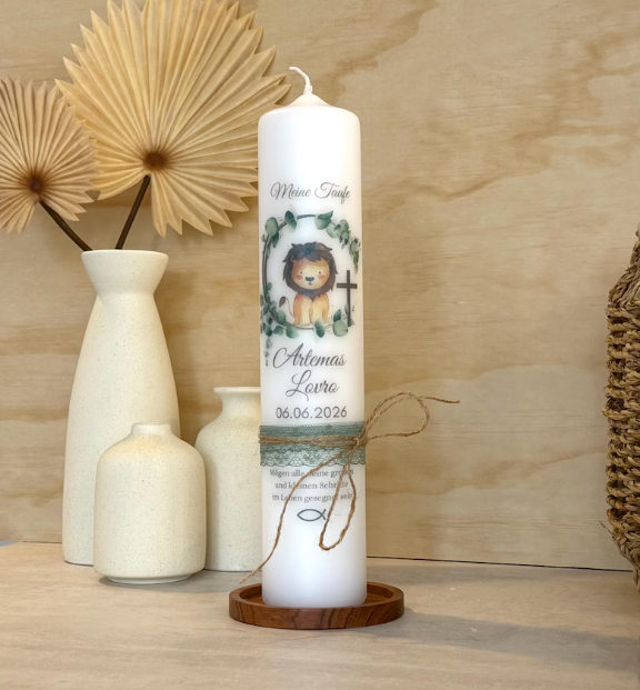 Taufkerze  Löwe  Eukalyptus Floral Für  Jungen und Mädchen