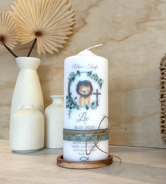 Taufkerze  Löwe  Eukalyptus Floral Für  Jungen und Mädchen