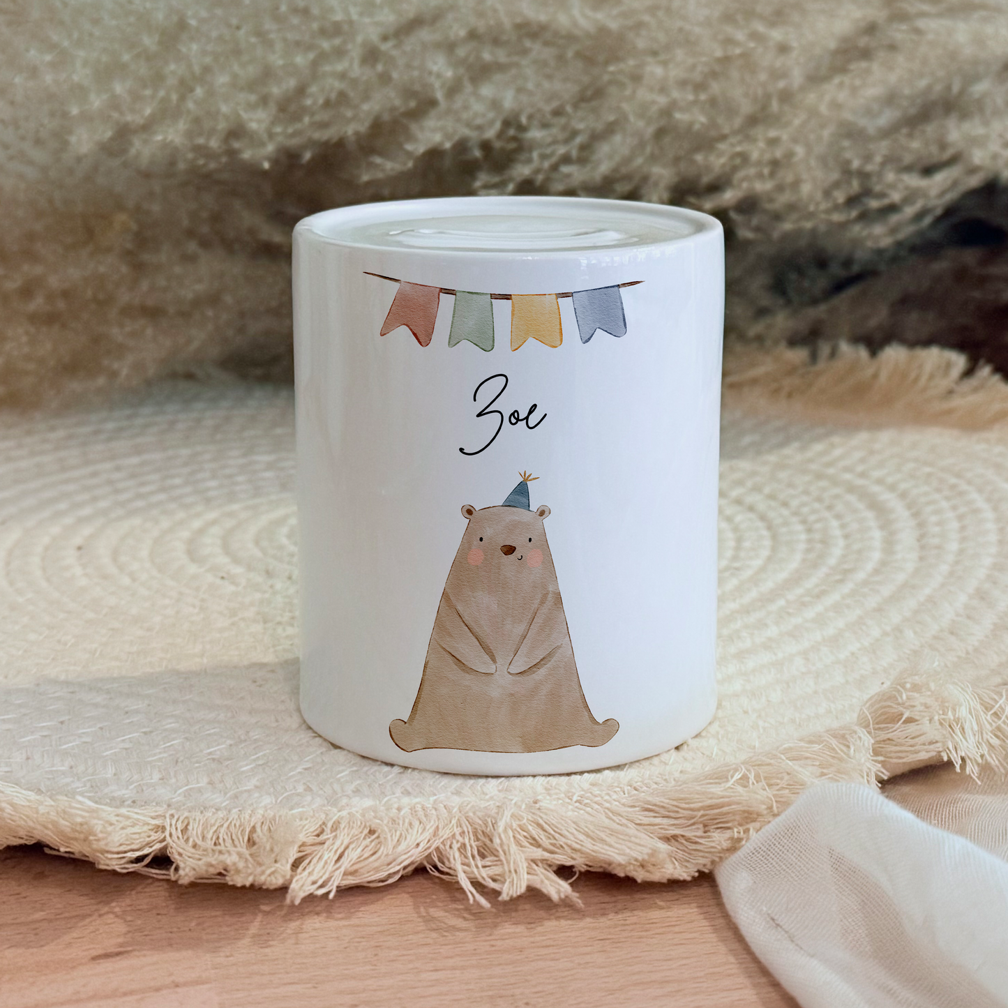 Personalisierte Spardose Kind Geschenk Geburt Taufe Geburtstag Waldtiere Geldgeschenk Baby Kinder Keramik Sparbüchse