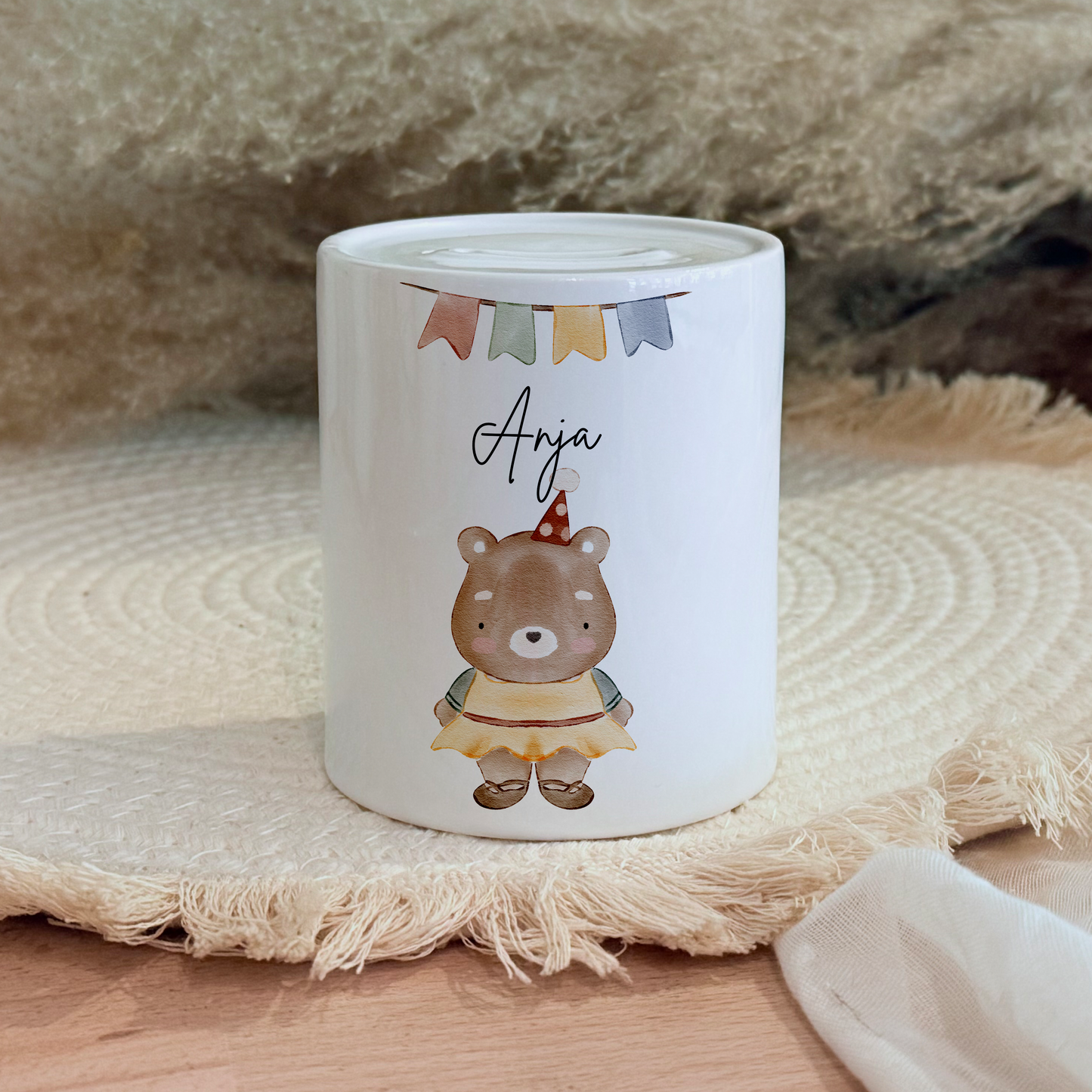 Personalisierte Spardose Kind Geschenk Geburt Taufe Geburtstag Waldtiere Geldgeschenk Baby Kinder Keramik Sparbüchse