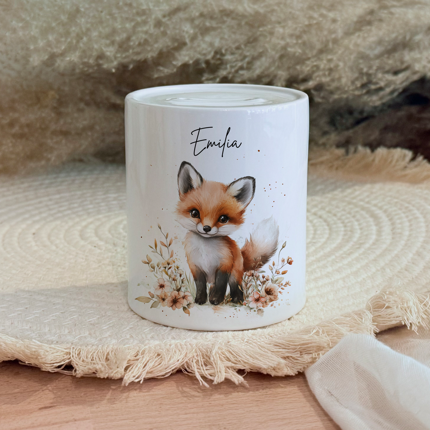 Personalisierte Spardose Kind Geschenk Geburt Taufe Geburtstag Waldtiere Geldgeschenk Baby Kinder Keramik Sparbüchse