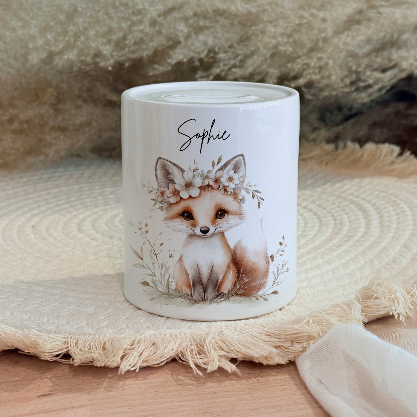 Personalisierte Spardose Kind Geschenk Geburt Taufe Geburtstag Waldtiere Geldgeschenk Baby Kinder Keramik Sparbüchse