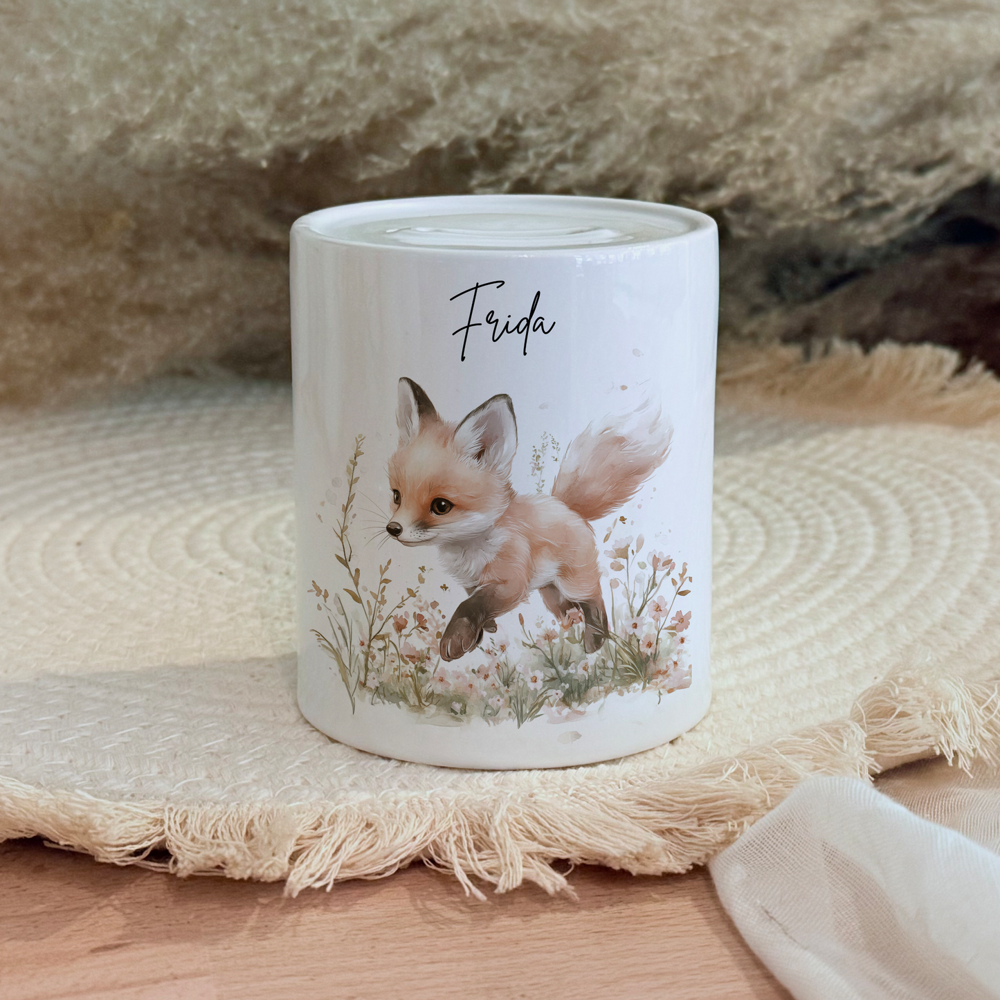 Personalisierte Spardose Kind Geschenk Geburt Taufe Geburtstag Waldtiere Geldgeschenk Baby Kinder Keramik Sparbüchse