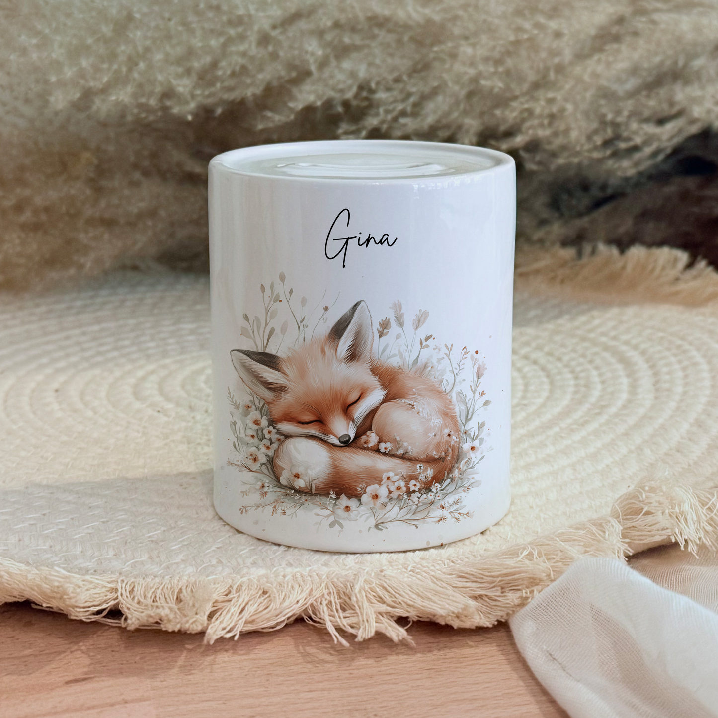 Personalisierte Spardose Kind Geschenk Geburt Taufe Geburtstag Waldtiere Geldgeschenk Baby Kinder Keramik Sparbüchse