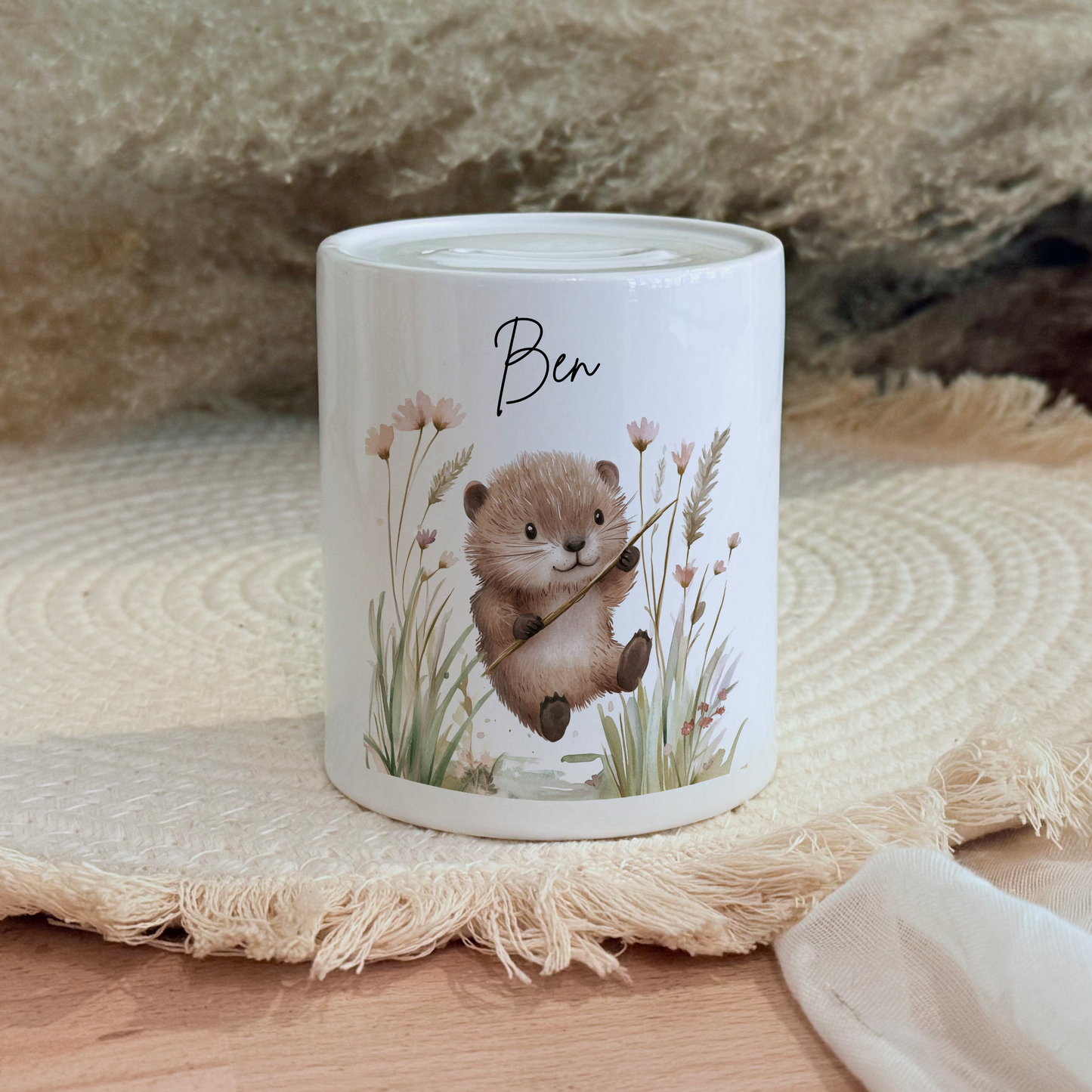 Personalisierte Spardose Kind Geschenk Geburt Taufe Geburtstag Waldtiere Geldgeschenk Baby Kinder Keramik Sparbüchse