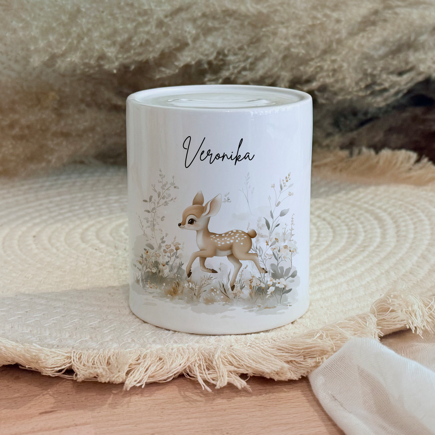 Personalisierte Spardose Kind Geschenk Geburt Taufe Geburtstag Waldtiere Geldgeschenk Baby Kinder Keramik Sparbüchse