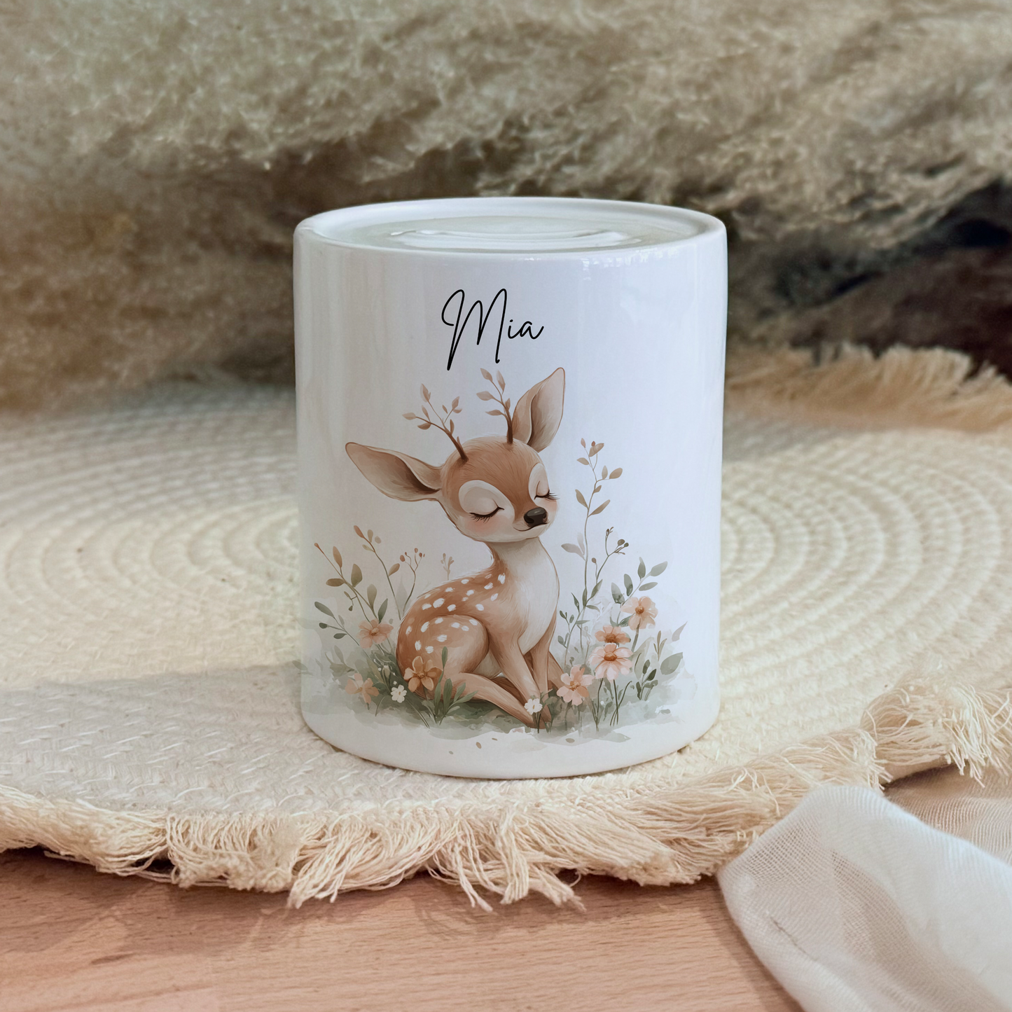 Personalisierte Spardose Kind Geschenk Geburt Taufe Geburtstag Waldtiere Geldgeschenk Baby Kinder Keramik Sparbüchse