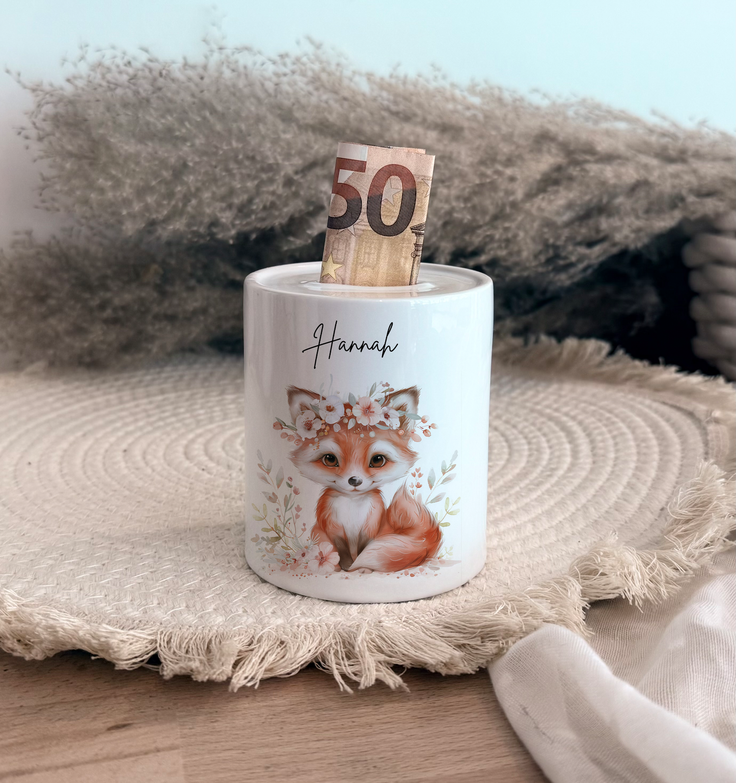 Personalisierte Spardose Kind Geschenk Geburt Taufe Geburtstag Waldtiere Geldgeschenk Baby Kinder Keramik Sparbüchse