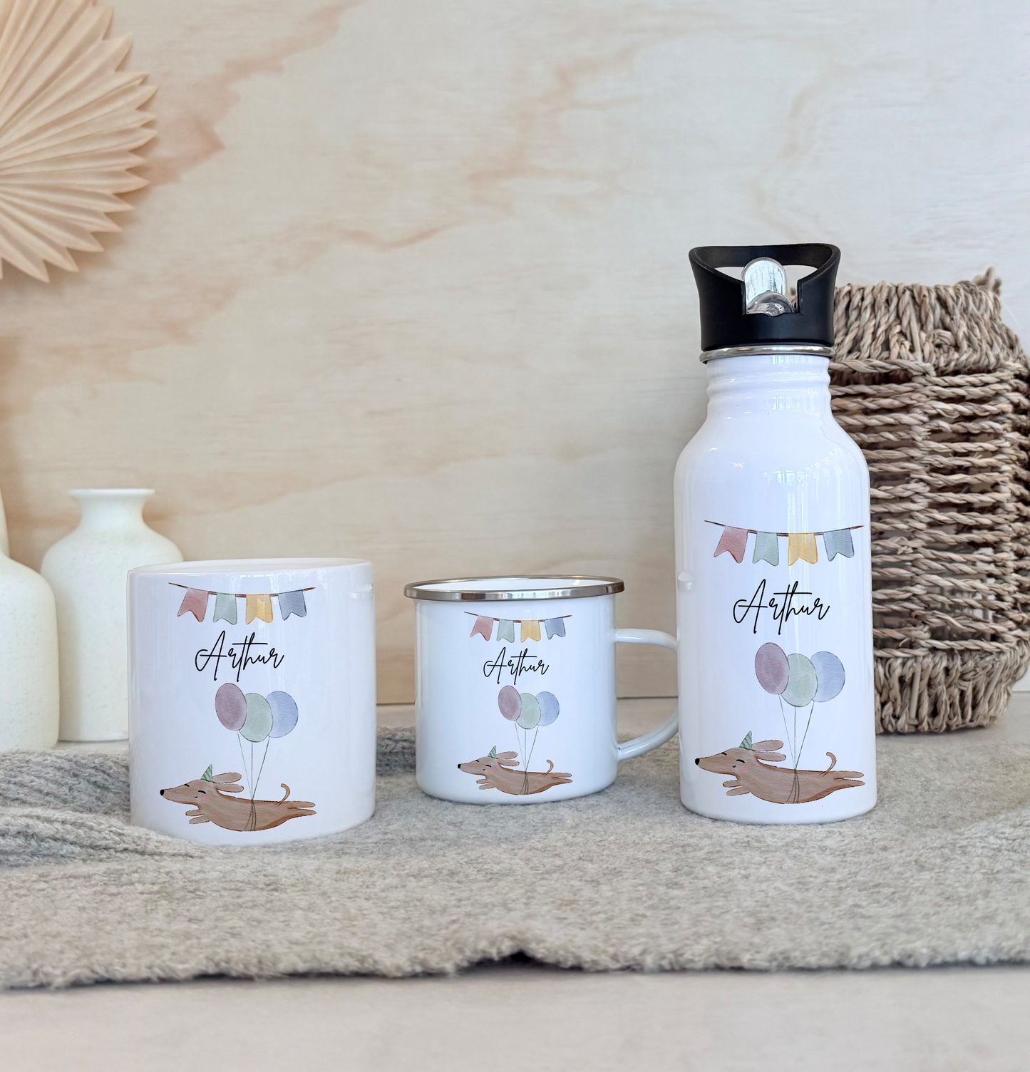 Geschenkset Personalisierte Kinder-Trinkflasche 500 ml Spardose Tasse Emaille