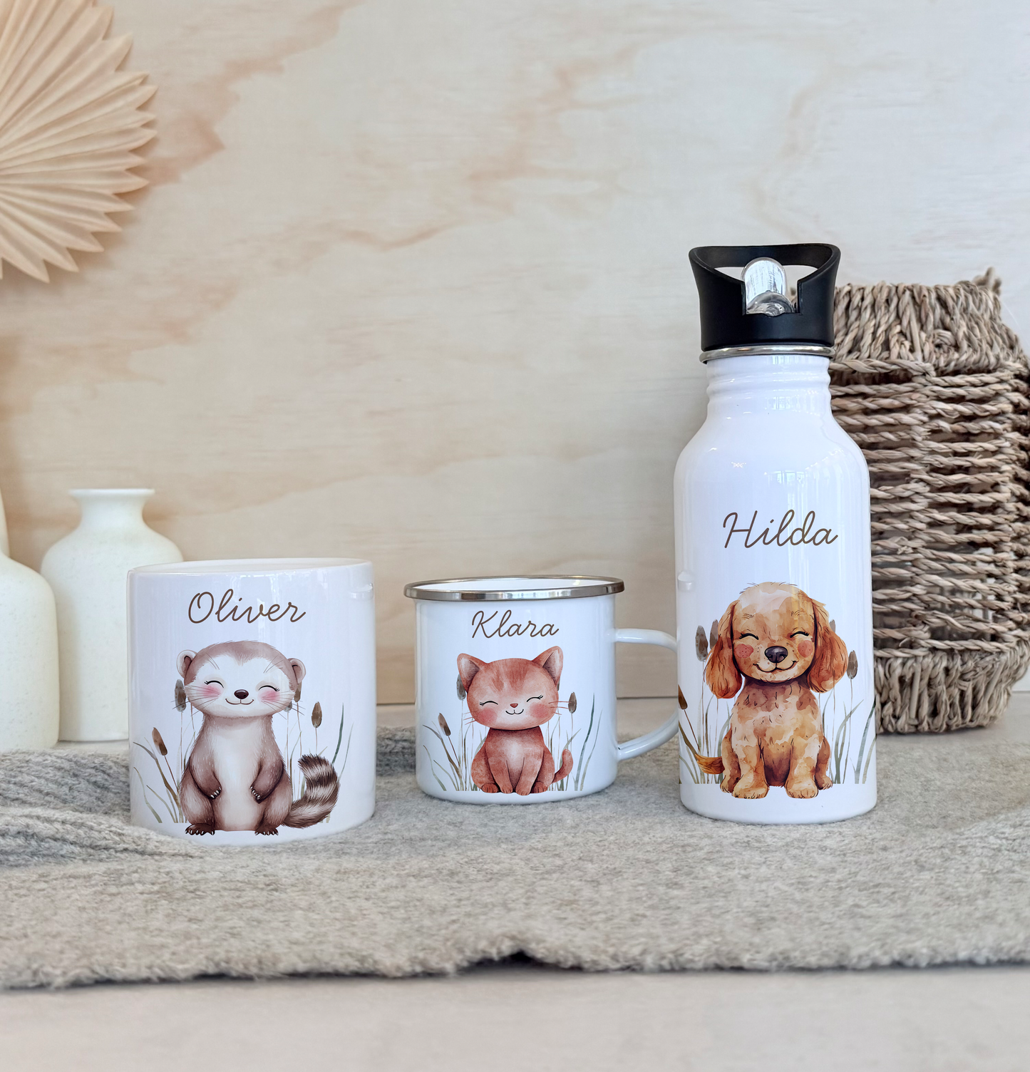 Geschenkset Personalisierte Kinder-Trinkflasche 500 ml Spardose Tasse Emaille