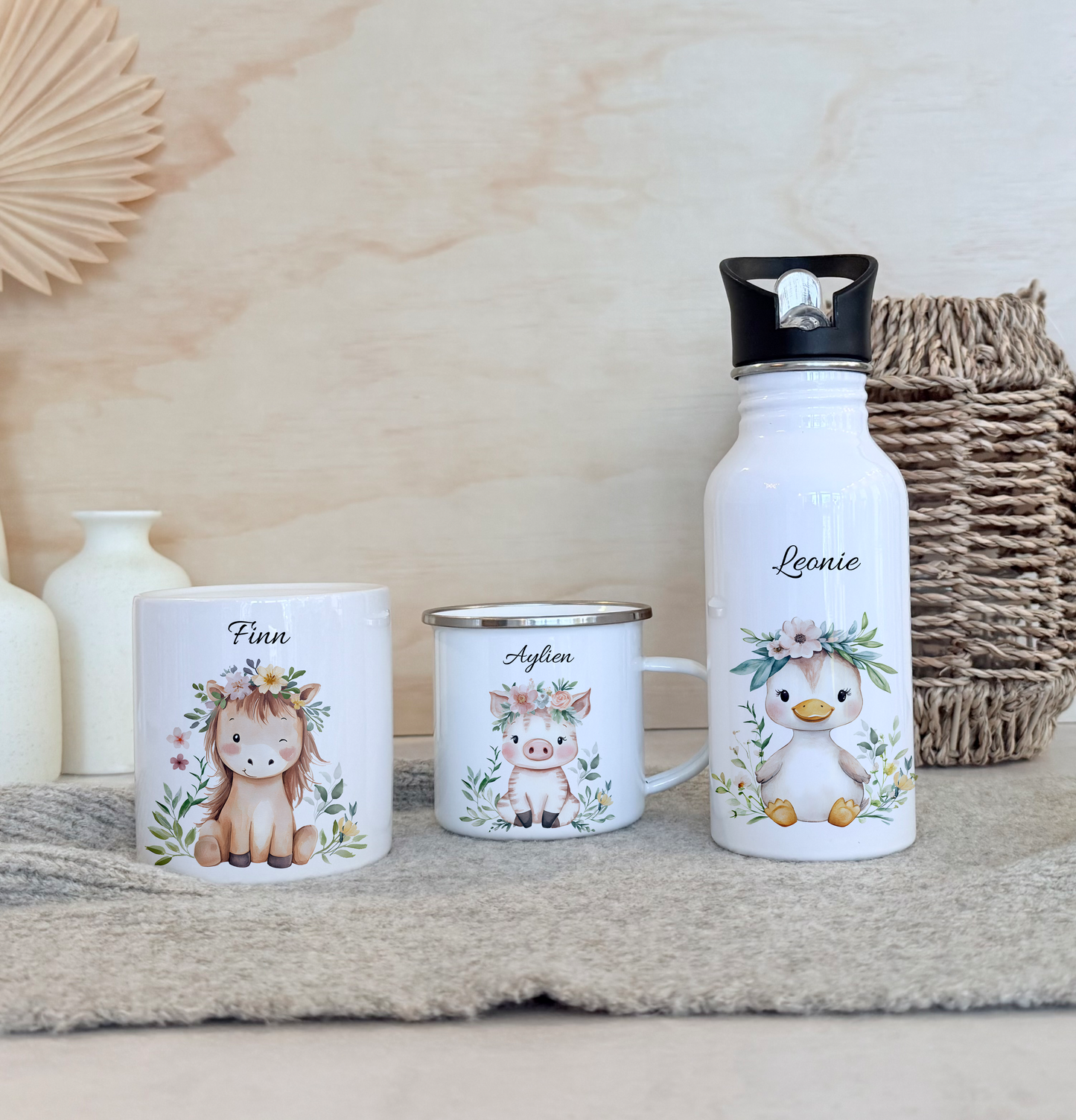 Geschenkset Personalisierte Kinder-Trinkflasche 500 ml Spardose Tasse Emaille