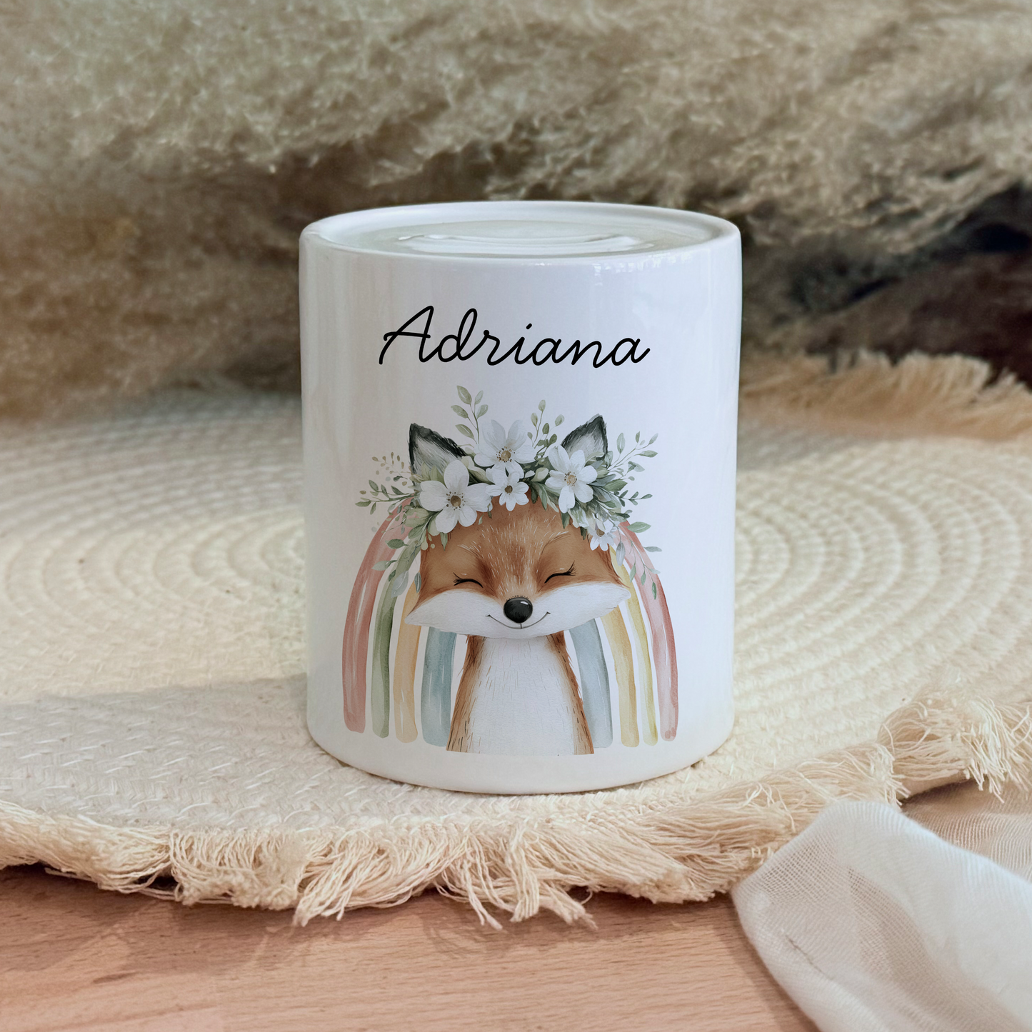 Personalisierte Spardose Kind Geschenk Geburt Taufe Geburtstag Wal Auto Waldtiere Regenbogen Geldgeschenk Baby Kinder Keramik Sparbüchse