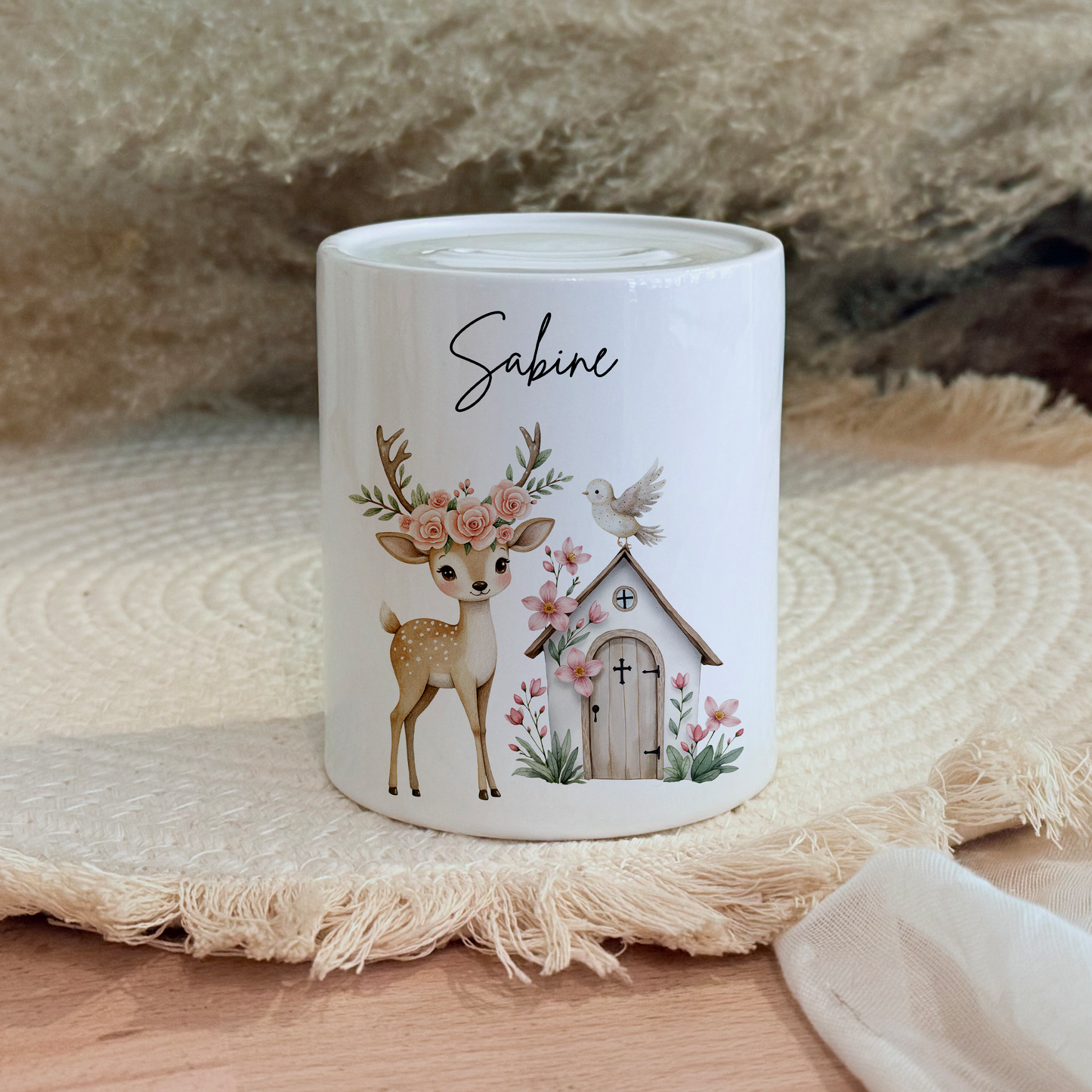 Personalisierte Spardose Kind Geschenk Geburt Taufe Geburtstag Märchenwelt Geldgeschenk Baby Kinder Keramik Sparbüchse Mädchen Fee Märchen