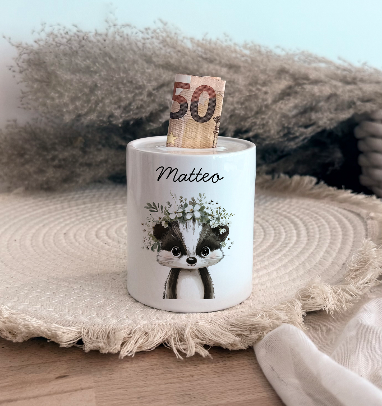 Personalisierte Spardose Kind Geschenk Geburt Taufe Geburtstag Wal Auto Waldtiere Regenbogen Geldgeschenk Baby Kinder Keramik Sparbüchse