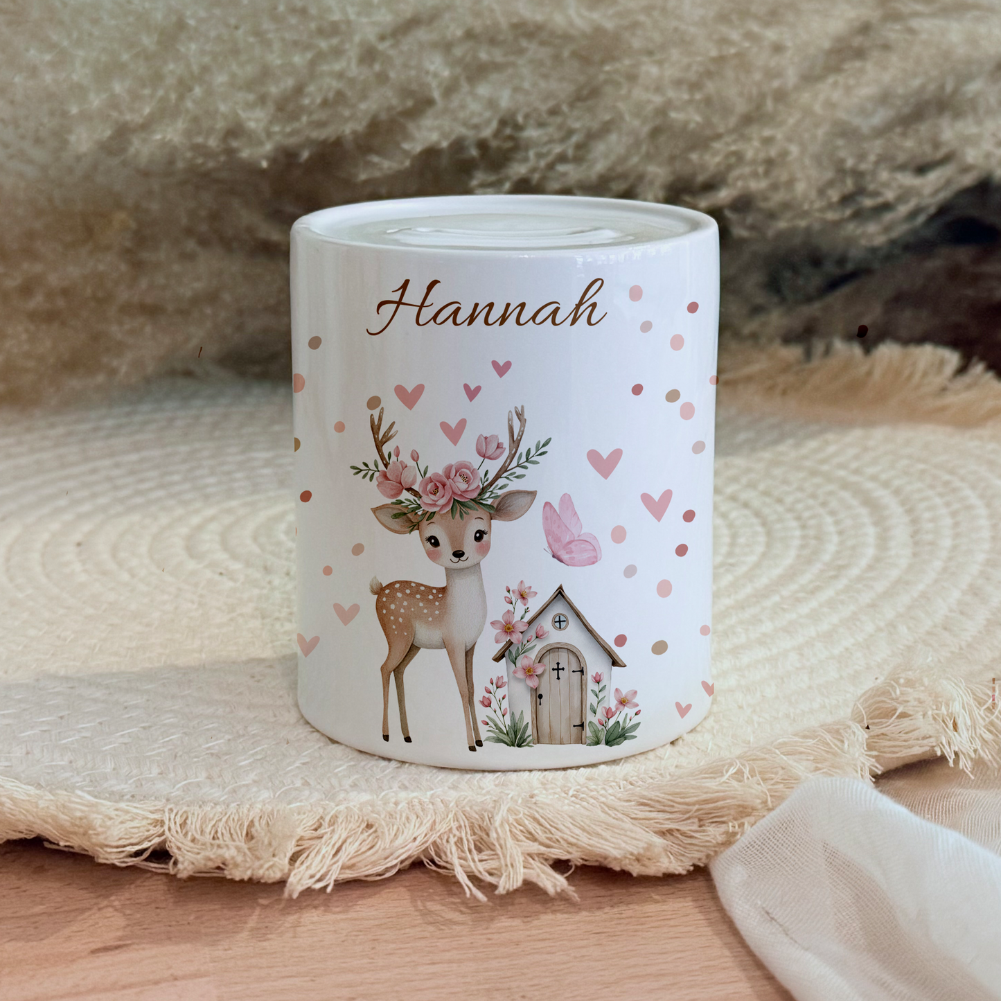 Personalisierte Spardose Kind Geschenk Geburt Taufe Geburtstag Waldtiere Geldgeschenk Baby Kinder Keramik Sparbüchse