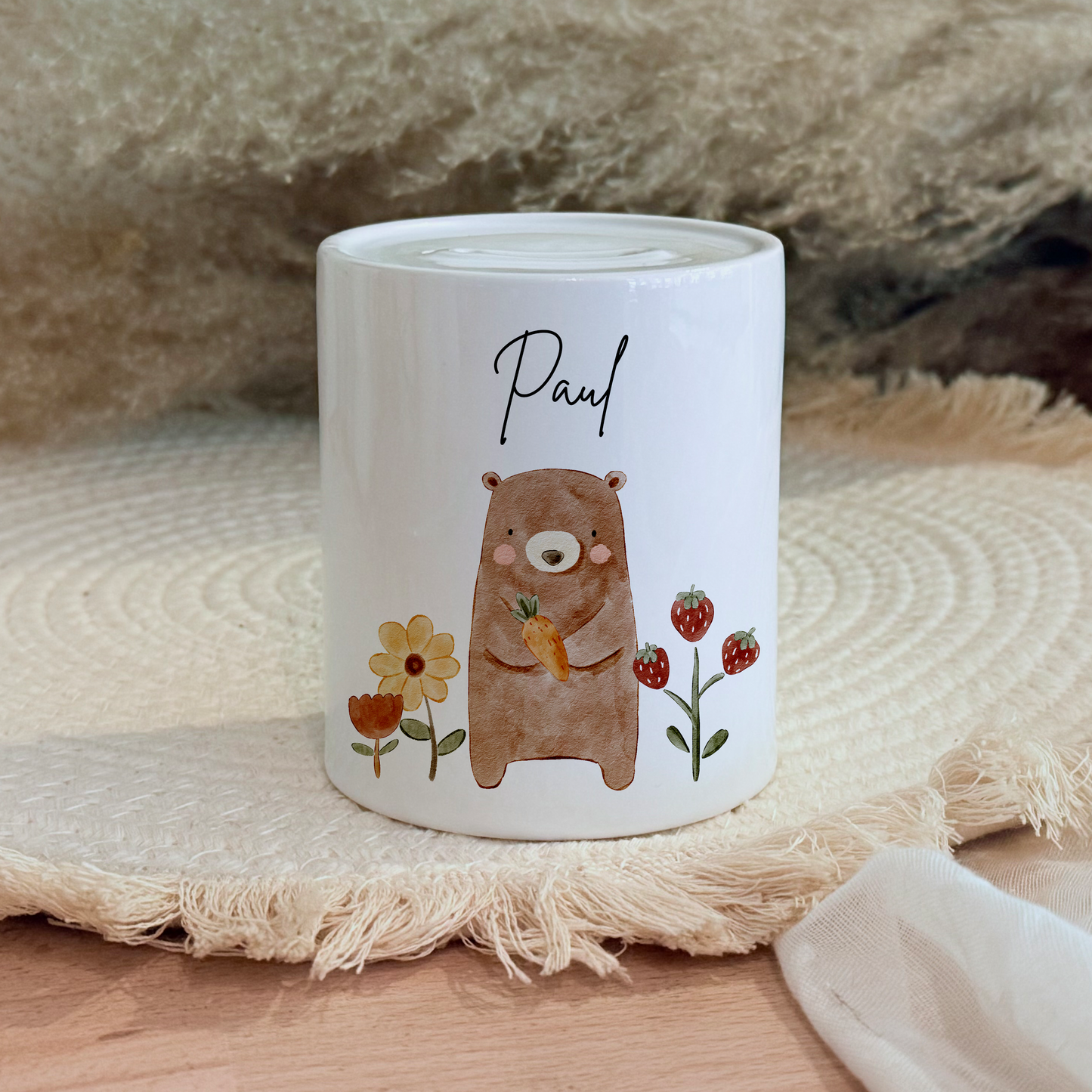 Personalisierte Spardose Kind Geschenk Geburt Taufe Geburtstag Waldtiere Geldgeschenk Baby Kinder Keramik Sparbüchse