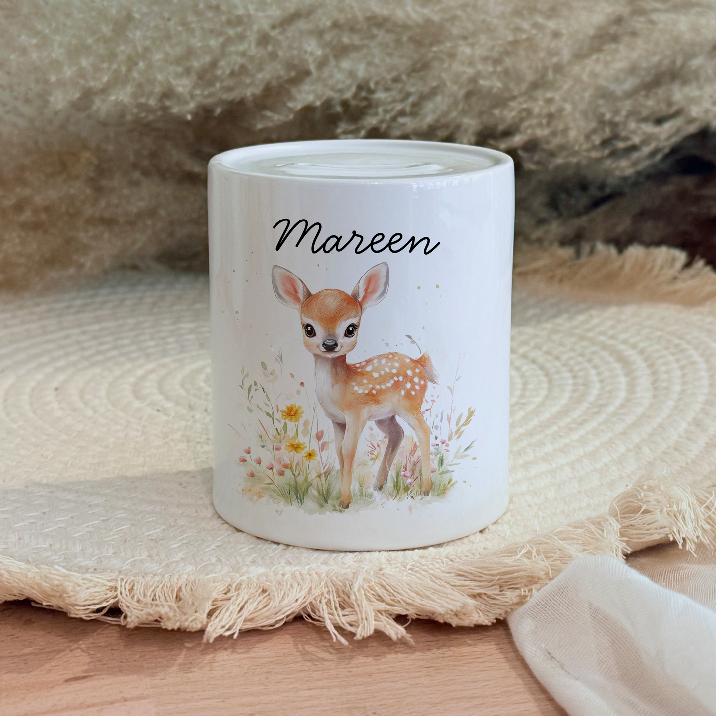 Personalisierte Spardose Kind Geschenk Geburt Taufe Geburtstag Wal Auto Waldtiere Regenbogen Geldgeschenk Baby Kinder Keramik Sparbüchse