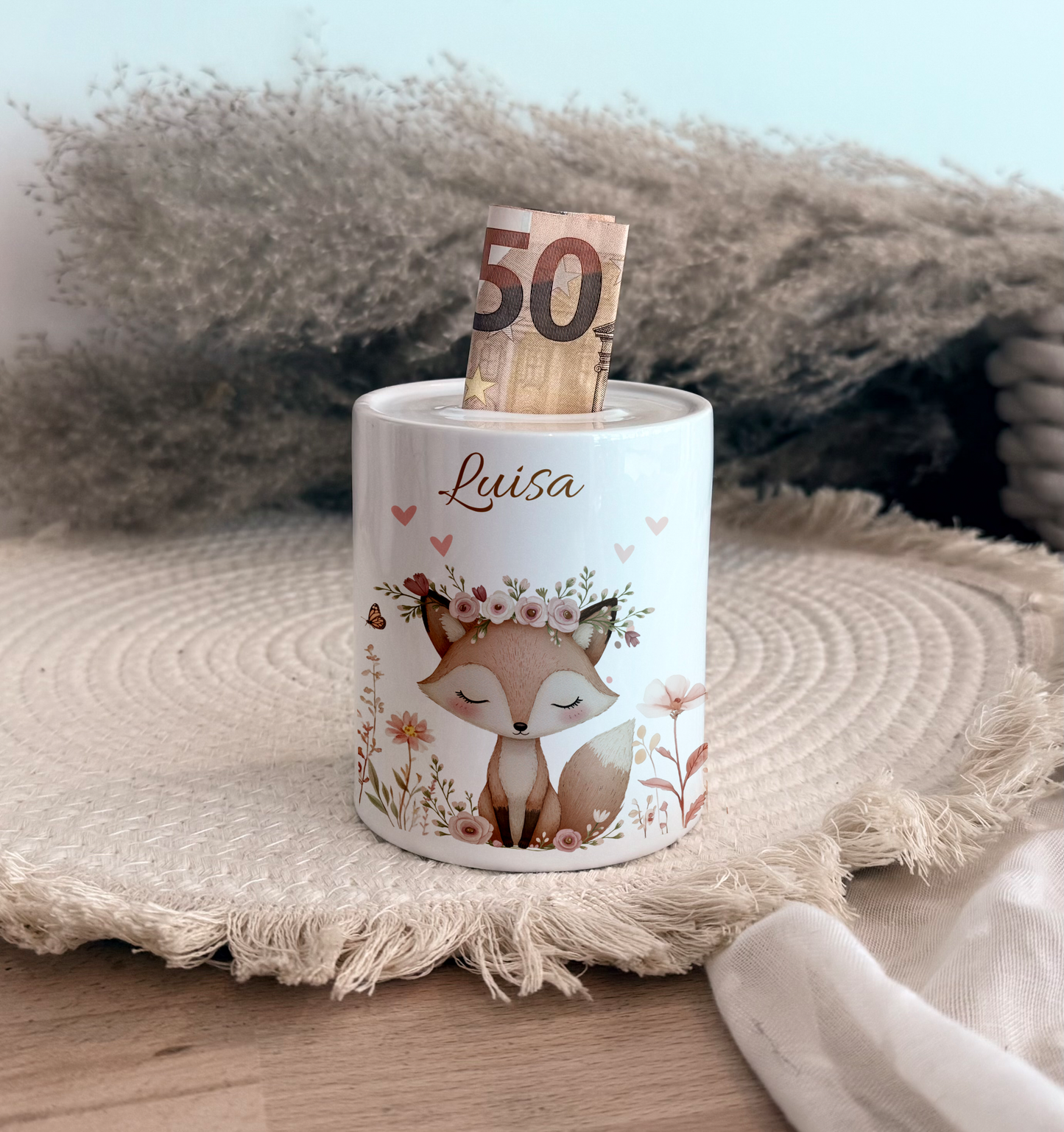 Personalisierte Spardose Kind Geschenk Geburt Taufe Geburtstag Waldtiere Geldgeschenk Baby Kinder Keramik Sparbüchse