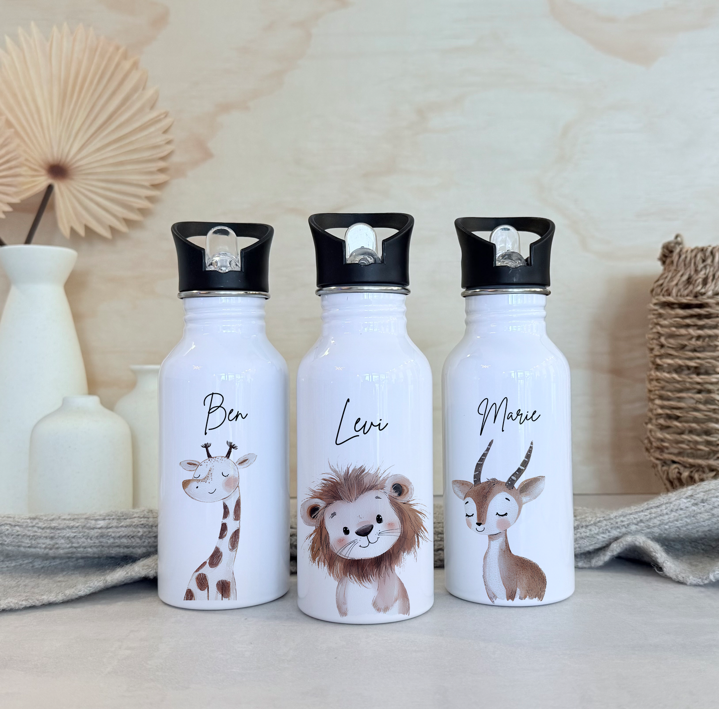 Personalisierte Kinder-Trinkflasche 500 ml | Edelstahl, Waldtier-Motive & Name | Geschenk zur Geburt, Taufe Geburtstag