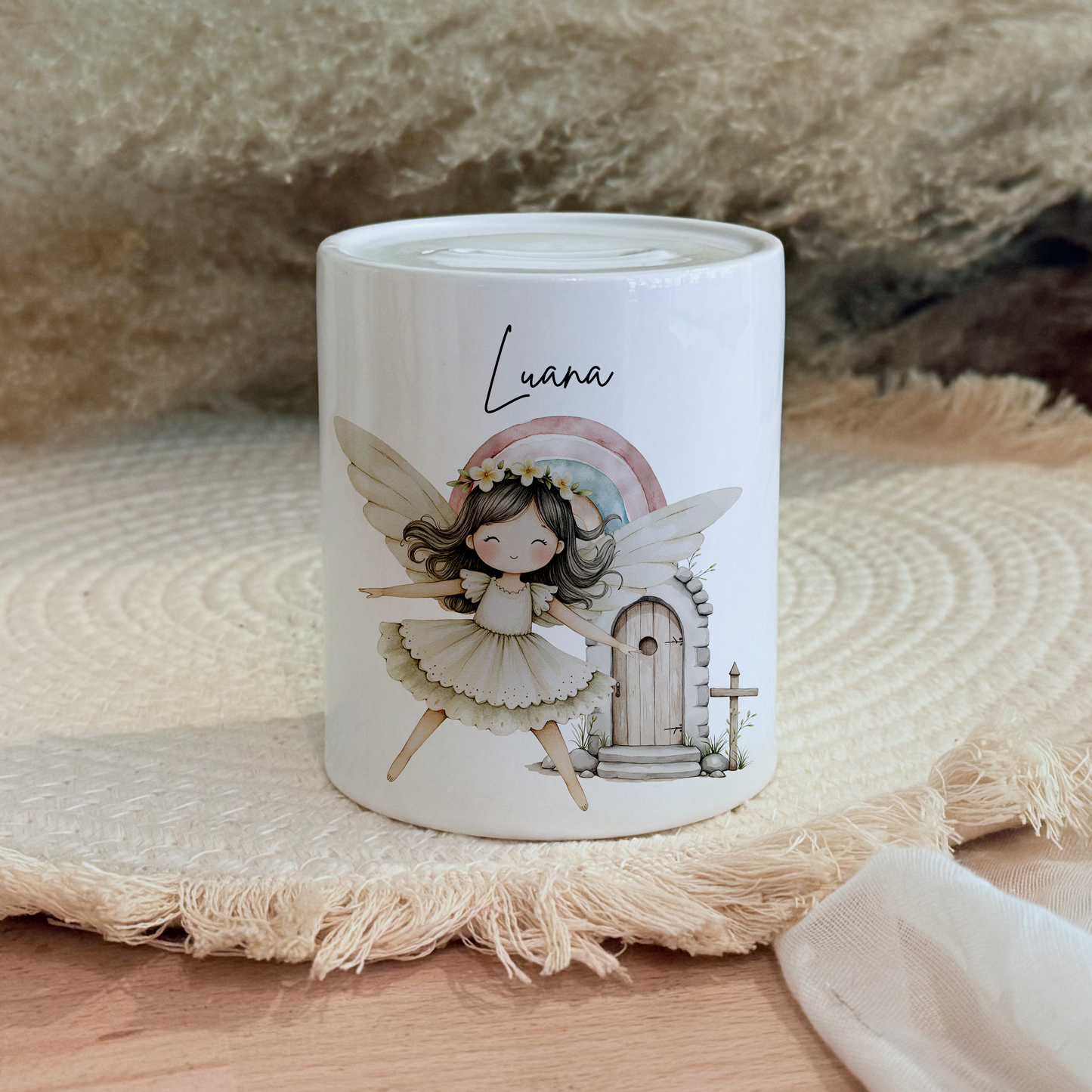 Personalisierte Spardose Kind Geschenk Geburt Taufe Geburtstag Märchenwelt Geldgeschenk Baby Kinder Keramik Sparbüchse Mädchen Fee Märchen