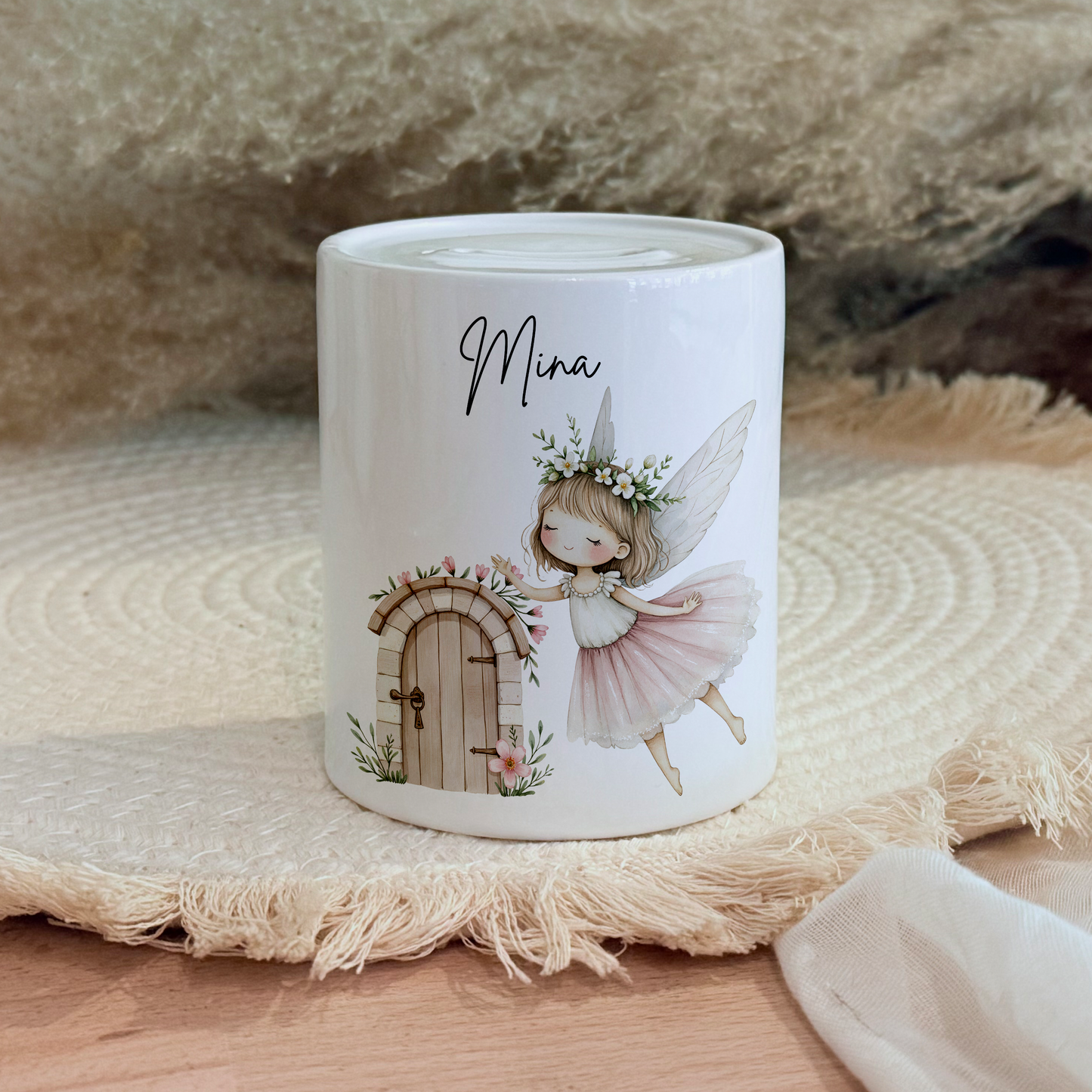 Personalisierte Spardose Kind Geschenk Geburt Taufe Geburtstag Märchenwelt Geldgeschenk Baby Kinder Keramik Sparbüchse Mädchen Fee Märchen