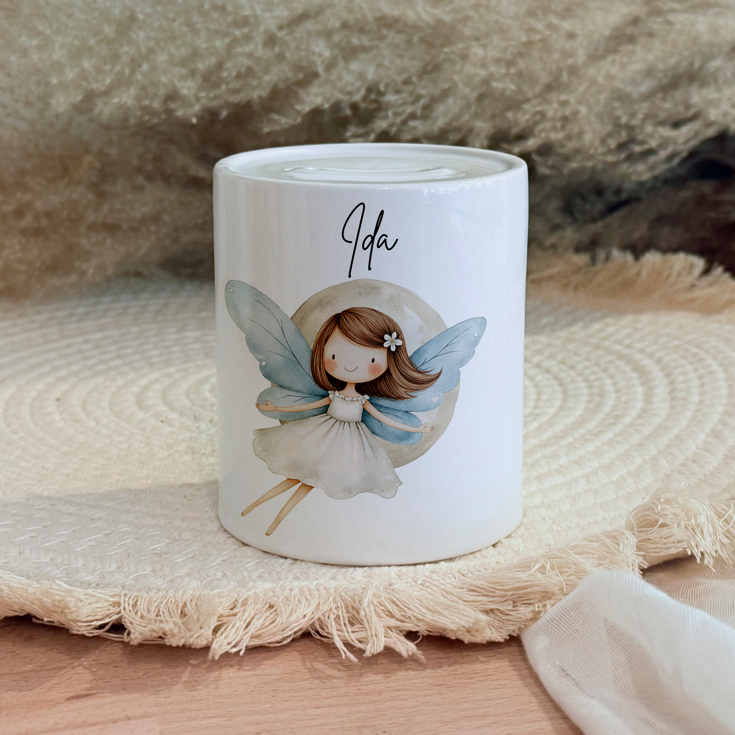 Personalisierte Spardose Kind Geschenk Geburt Taufe Geburtstag Märchenwelt Geldgeschenk Baby Kinder Keramik Sparbüchse Mädchen Fee Märchen