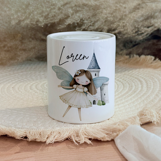 Personalisierte Spardose Kind Geschenk Geburt Taufe Geburtstag Märchenwelt Geldgeschenk Baby Kinder Keramik Sparbüchse Mädchen Fee Märchen