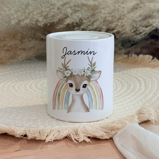 Personalisierte Spardose Kind Geschenk Geburt Taufe Geburtstag Wal Auto Waldtiere Regenbogen Geldgeschenk Baby Kinder Keramik Sparbüchse