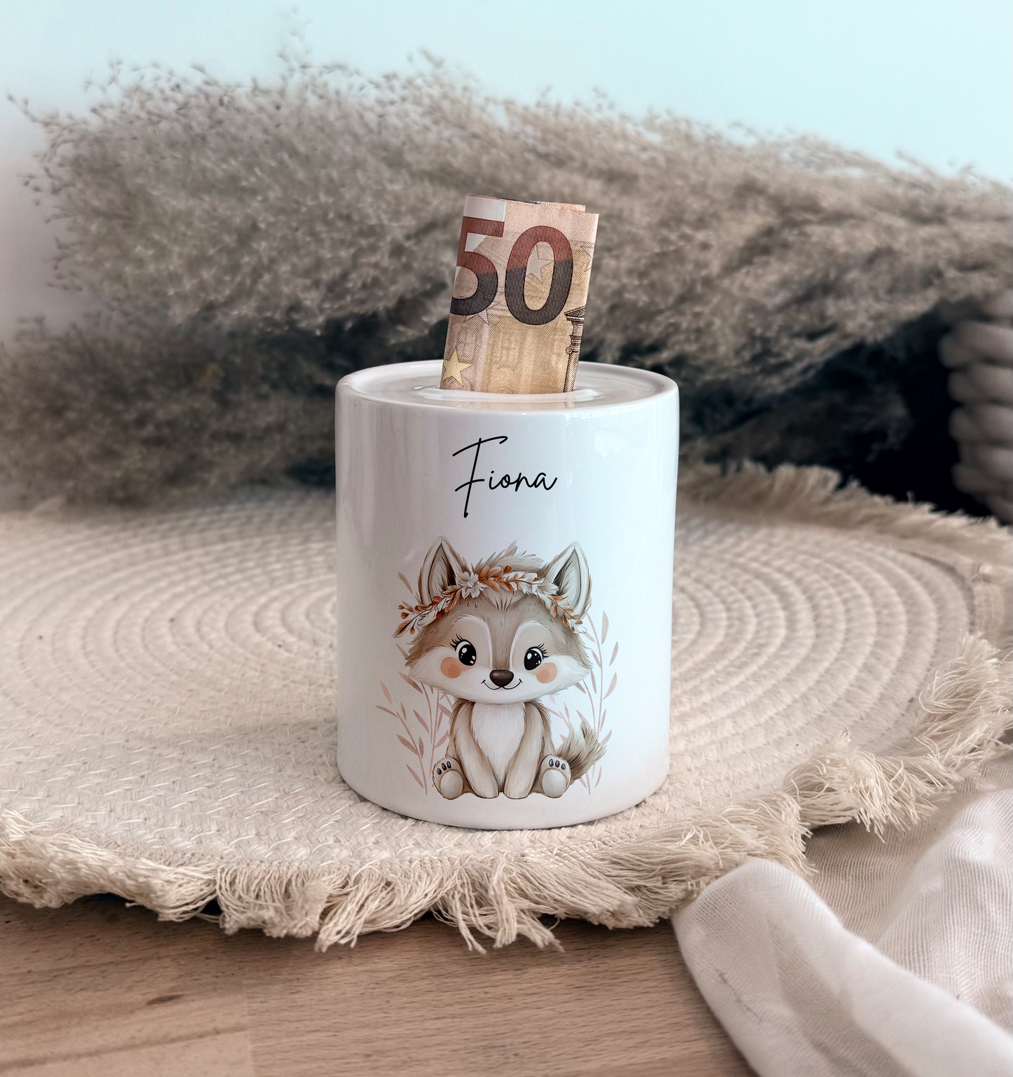 Personalisierte Spardose Kind Geschenk Geburt Taufe Geburtstag Safaritiere Waldtiere Geldgeschenk Baby Kinder Keramik Sparbüchse