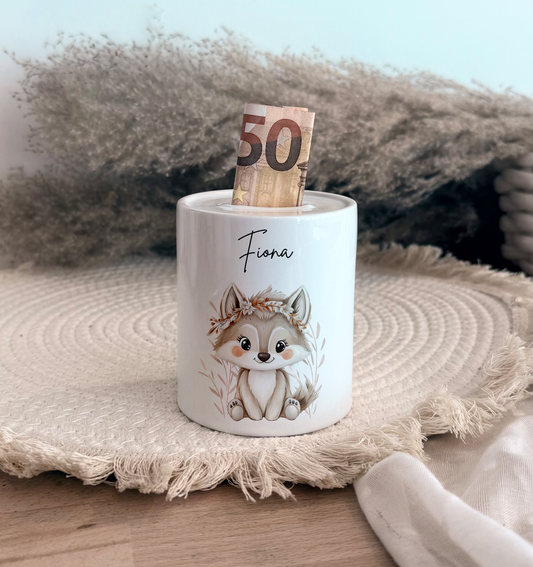 Personalisierte Spardose Kind Geschenk Geburt Taufe Geburtstag Safaritiere Waldtiere Geldgeschenk Baby Kinder Keramik Sparbüchse
