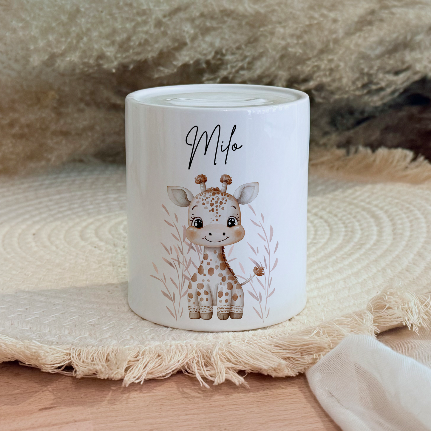 Personalisierte Spardose Kind Geschenk Geburt Taufe Geburtstag Safaritiere Waldtiere Geldgeschenk Baby Kinder Keramik Sparbüchse