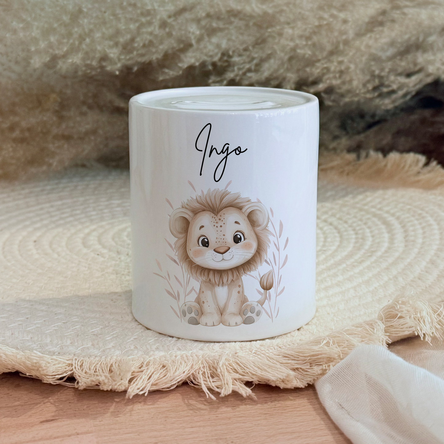 Personalisierte Spardose Kind Geschenk Geburt Taufe Geburtstag Safaritiere Waldtiere Geldgeschenk Baby Kinder Keramik Sparbüchse