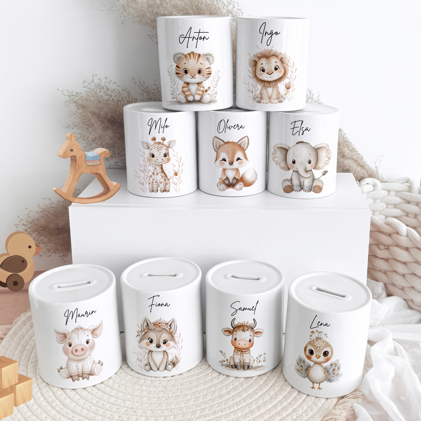 Personalisierte Spardose Kind Geschenk Geburt Taufe Geburtstag Safaritiere Waldtiere Geldgeschenk Baby Kinder Keramik Sparbüchse