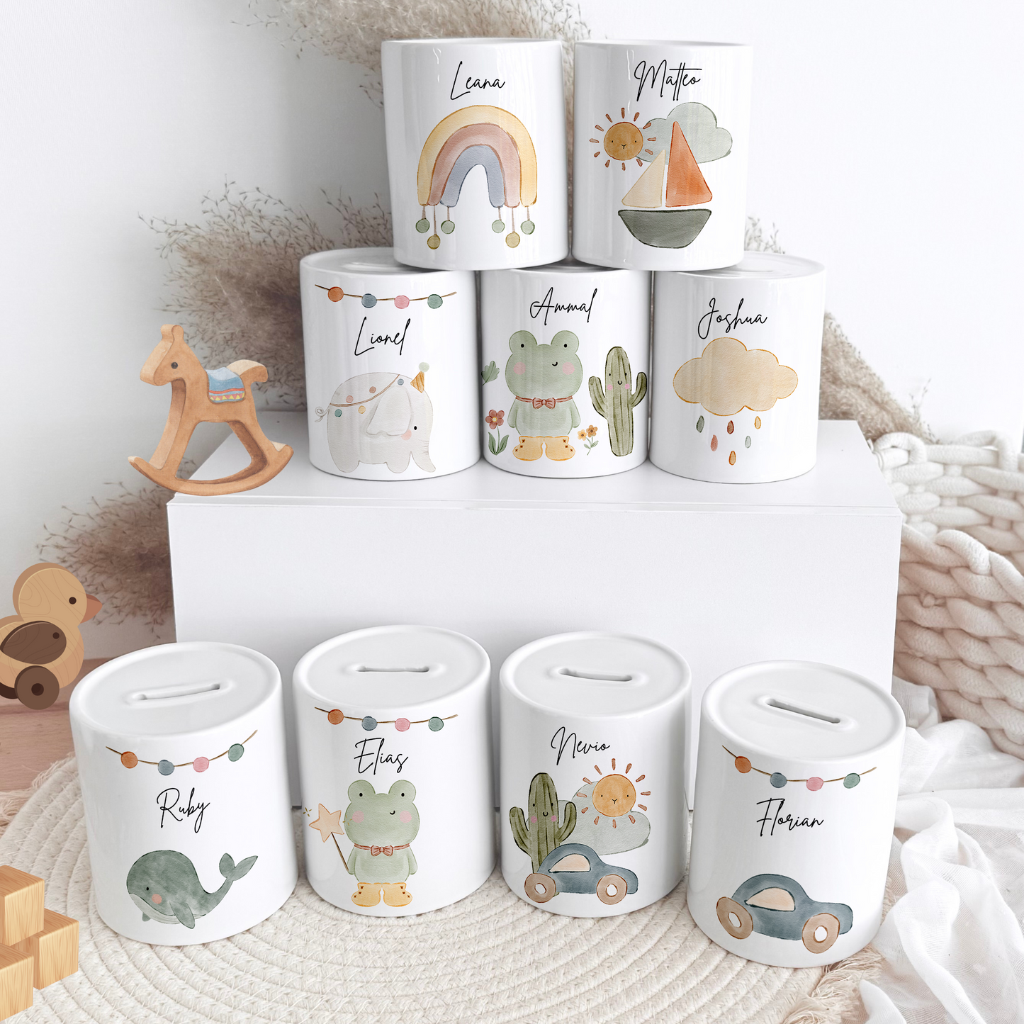 Personalisierte Spardose Kind Geschenk Geburt Taufe Geburtstag Wal Auto Waldtiere Regenbogen Geldgeschenk Baby Kinder Keramik Sparbüchse