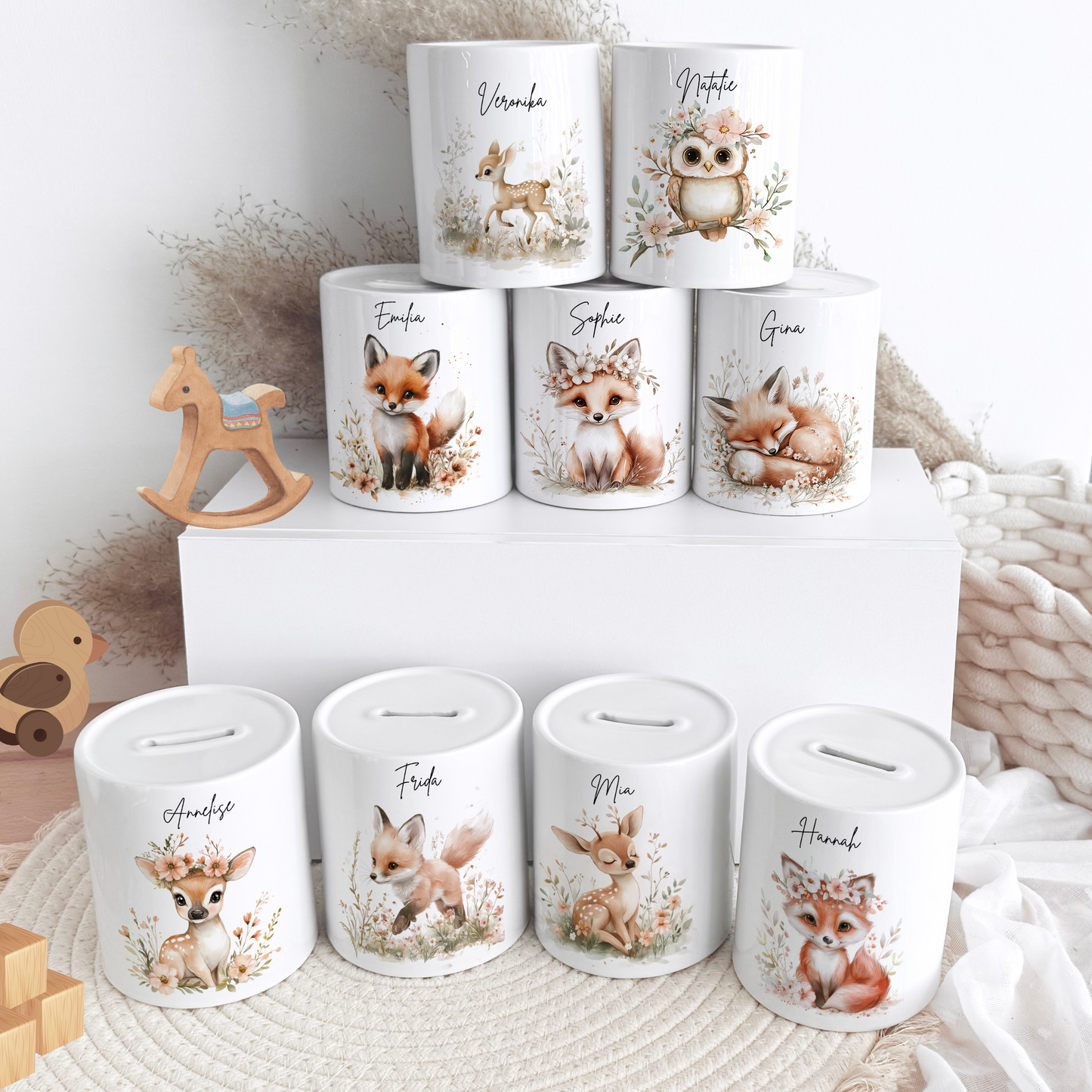 Personalisierte Spardose Kind Geschenk Geburt Taufe Geburtstag Waldtiere Geldgeschenk Baby Kinder Keramik Sparbüchse