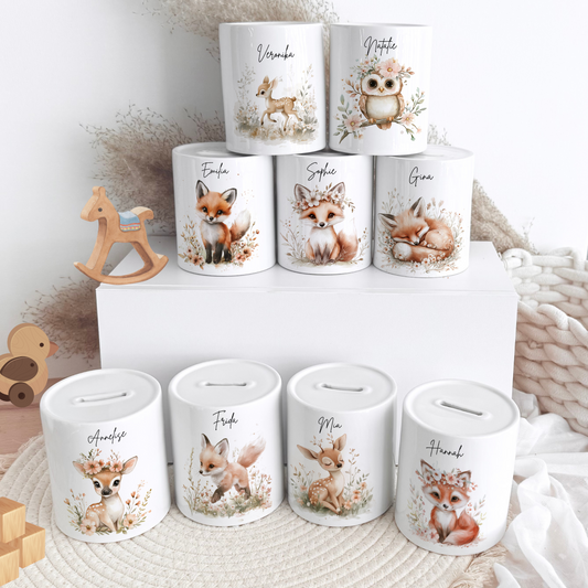 Personalisierte Spardose Kind Geschenk Geburt Taufe Geburtstag Waldtiere Geldgeschenk Baby Kinder Keramik Sparbüchse
