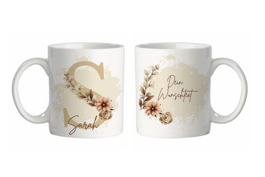 Personalisierte Tasse mit Namen, Buchstaben und Wunschtext Für Männer und Frauen Floral Beige