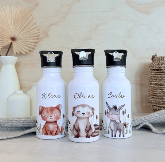 Personalisierte Kinder-Trinkflasche 500 ml | Edelstahl, Süße Tiere, Bauernhof Tiere & Name | Geschenk zur Geburt, Taufe Geburtstag