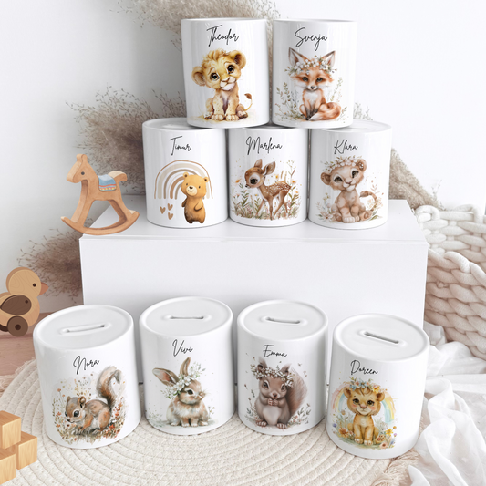Personalisierte Spardose Kind Geschenk Geburt Taufe Geburtstag Wal Auto Waldtiere Regenbogen Geldgeschenk Baby Kinder Keramik Sparbüchse