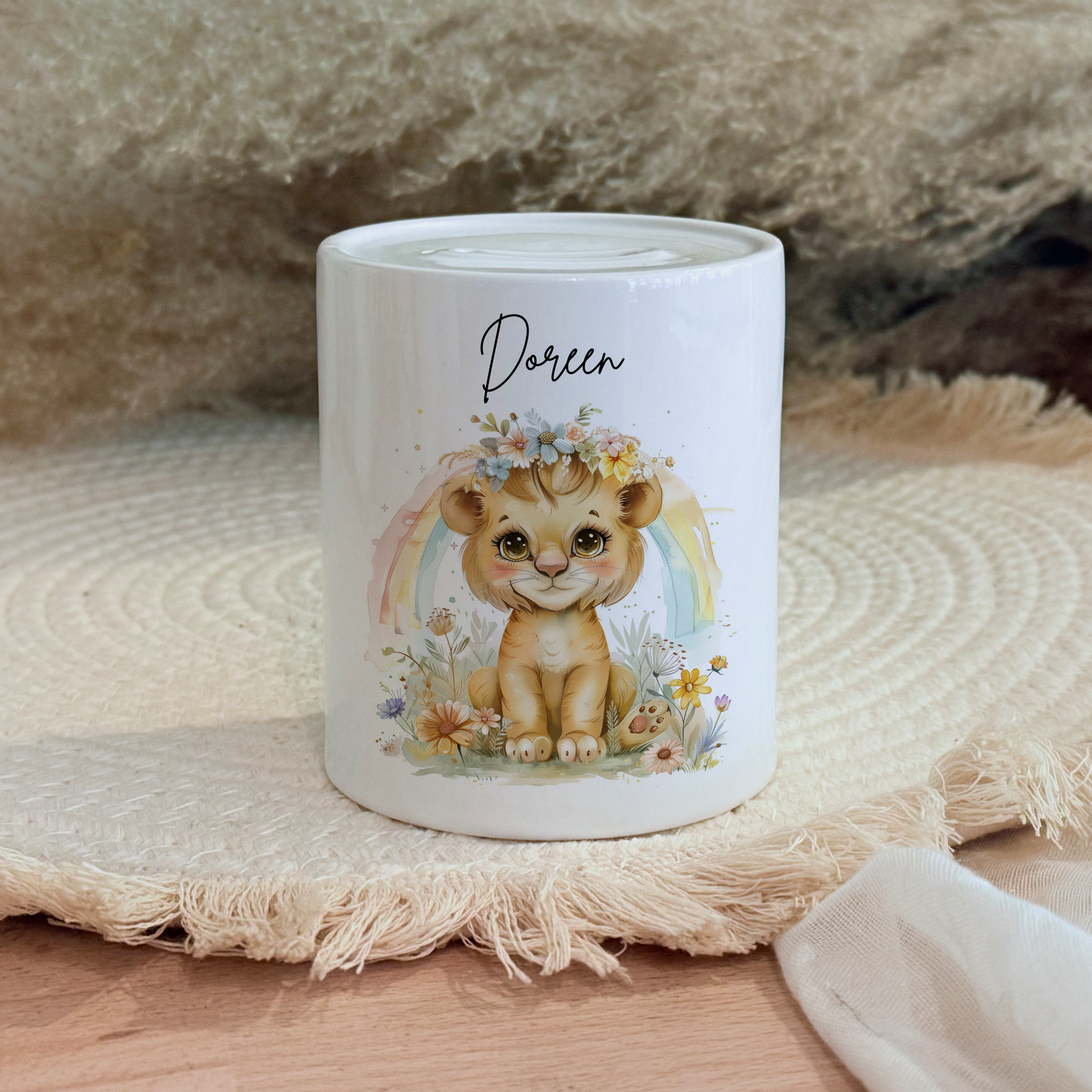 Personalisierte Spardose Kind Geschenk Geburt Taufe Geburtstag Wal Auto Waldtiere Regenbogen Geldgeschenk Baby Kinder Keramik Sparbüchse