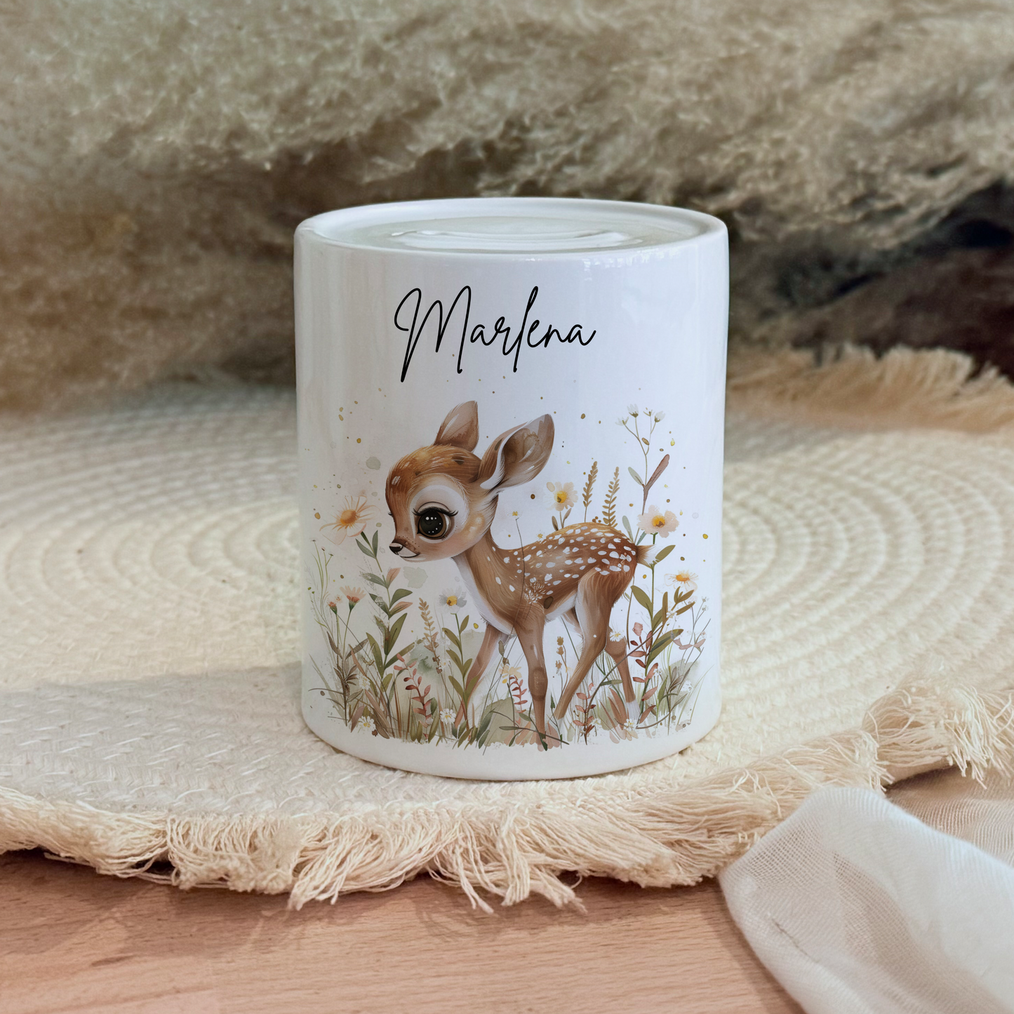 Personalisierte Spardose Kind Geschenk Geburt Taufe Geburtstag Wal Auto Waldtiere Regenbogen Geldgeschenk Baby Kinder Keramik Sparbüchse