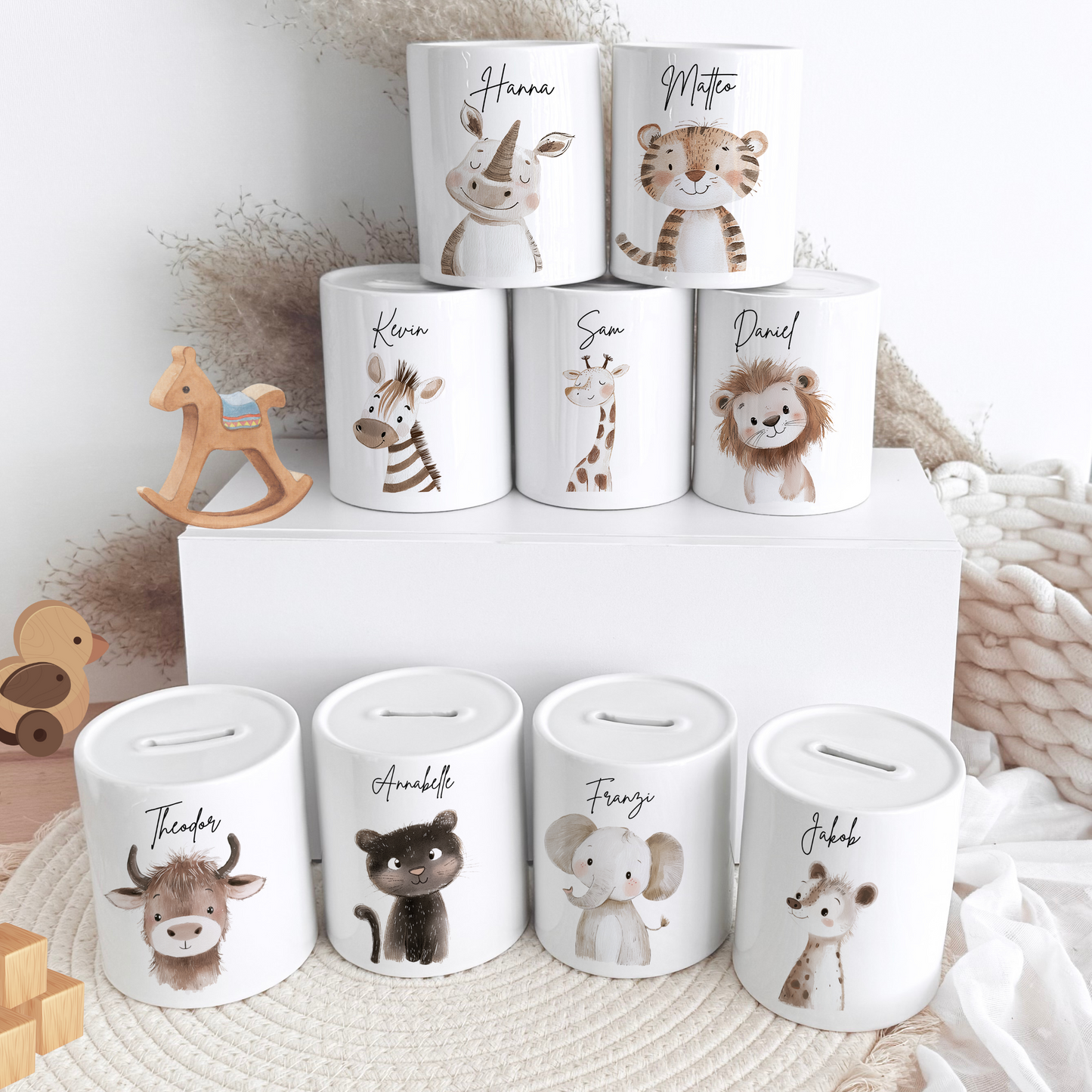 Personalisierte Spardose Kind Geschenk Geburt Taufe Geburtstag Safaritiere Waldtiere Safaritiere Bauernhof Geldgeschenk Baby Kinder Keramik Sparbüchse