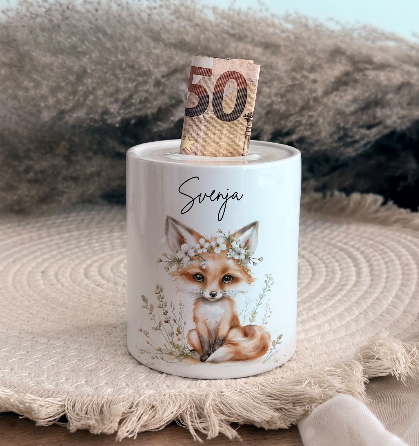 Personalisierte Spardose Kind Geschenk Geburt Taufe Geburtstag Wal Auto Waldtiere Regenbogen Geldgeschenk Baby Kinder Keramik Sparbüchse