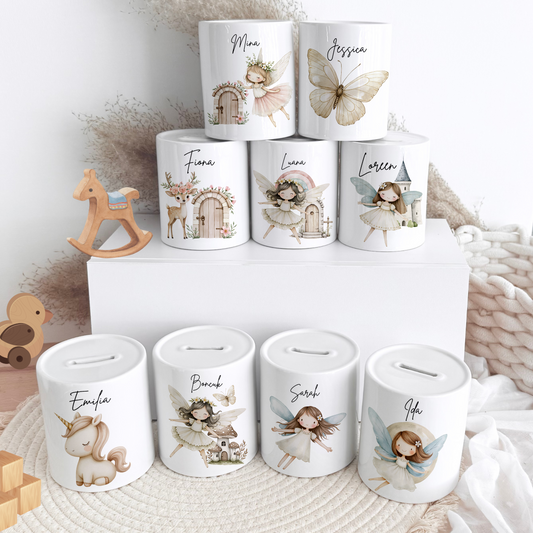 Personalisierte Spardose Kind Geschenk Geburt Taufe Geburtstag Märchenwelt Geldgeschenk Baby Kinder Keramik Sparbüchse Mädchen Fee Märchen
