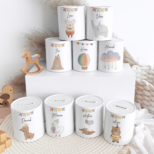Personalisierte Spardose Kind Geschenk Geburt Taufe Geburtstag Waldtiere Geldgeschenk Baby Kinder Keramik Sparbüchse